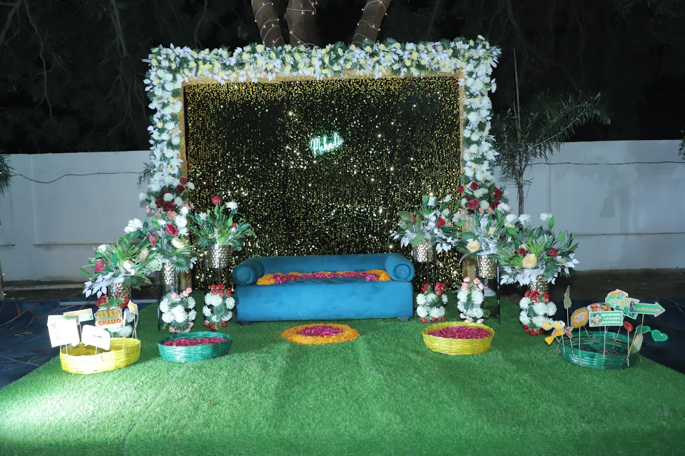 Elegant stage setup with floral decorations